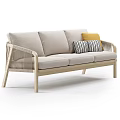 Modern Three Seater Sofa With Wooden Frame Linen Upholstery And Rattan Armrests