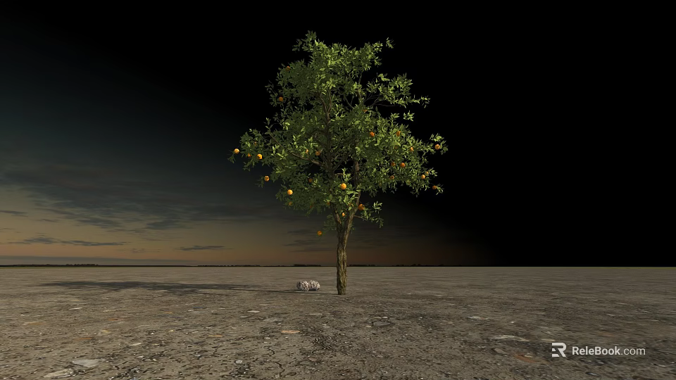 Fruit Bearing Tree Standing On Rocky Ground With Dark Sky And Single Rock 3d model 