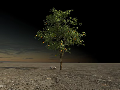Fruit Bearing Tree Standing On Rocky Ground With Dark Sky And Single Rock 3d model