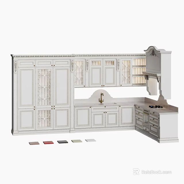 White Kitchen Cabinets Design With Glass Doors Drawers And Color Swatches 3d model 