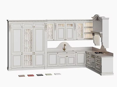 White Kitchen Cabinets Design With Glass Doors Drawers And Color Swatches 3d model