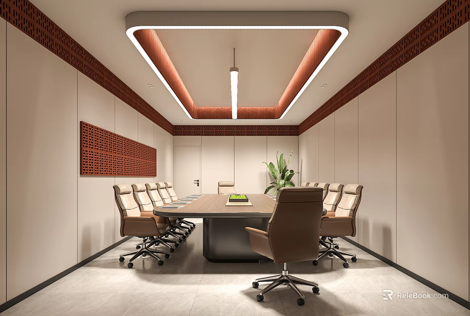 Modern Conference Room With Long Table Office Chairs Red Brick Wall And Green Plant 3d model 