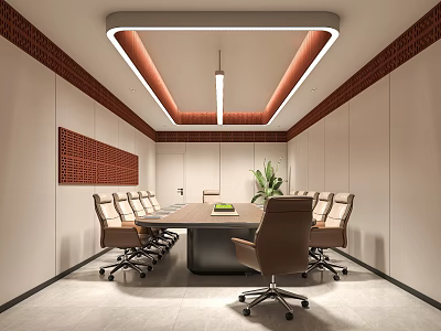 Modern Conference Room With Long Table Office Chairs Red Brick Wall And Green Plant 3d model