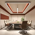 Modern Conference Room With Long Table Office Chairs Red Brick Wall And Green Plant