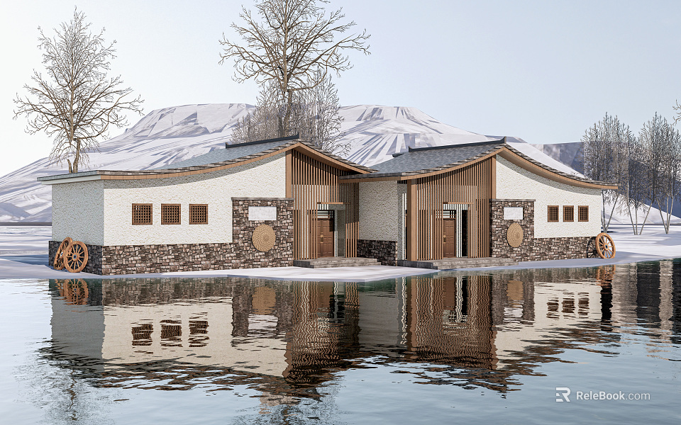 Traditional Chinese Post Station in Snowy Mountain Area with Water Reflection and Wooden Architecture 3d model 