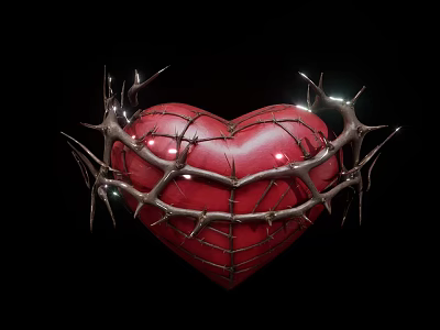 Red Heart Shaped Sculpture Wrapped with Intricate Thorns Against Black Background Artistic Carving 3d model