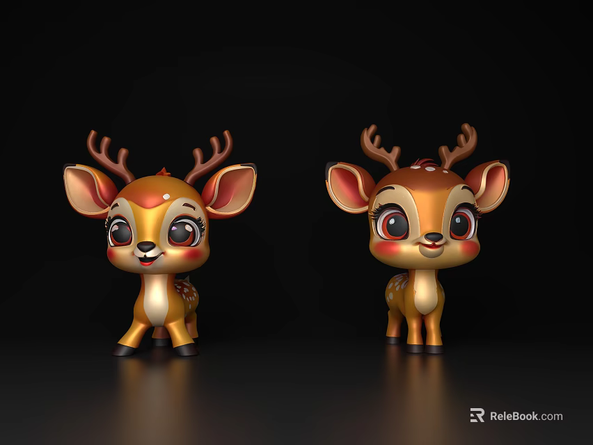 Cute Golden Brown Deer Dolls With Antlers On Black Background 3d model 