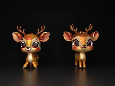 Cute Golden Brown Deer Dolls With Antlers On Black Background 3d model
