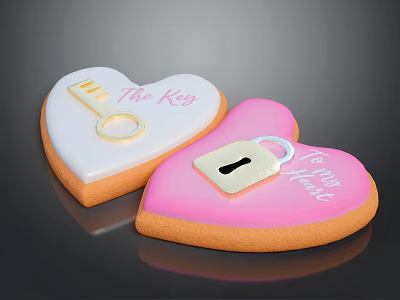 Heart Shaped Cookies White Pink With Gold Key Black Lock The Key To Your Heart 3d model