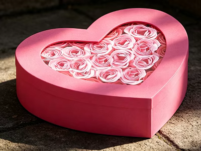 Pink Heart Shaped Box With Paper Rose Decorations As Decorative Ornament Set 3d model