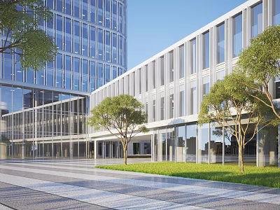 Modern Office Building Exterior With Glass Curtain Walls Trees Lawn And Plaza 3d model