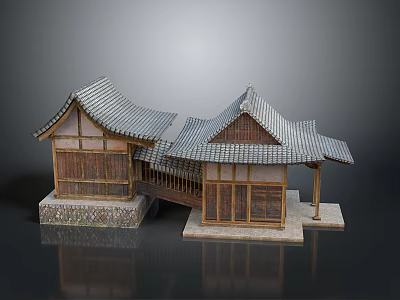 Traditional Architectural Design With Sloped Tile Roofs Wooden Frames Connecting Corridor And Stone Base Platforms 3d model
