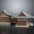 Traditional Architectural Design With Sloped Tile Roofs Wooden Frames Connecting Corridor And Stone Base Platforms