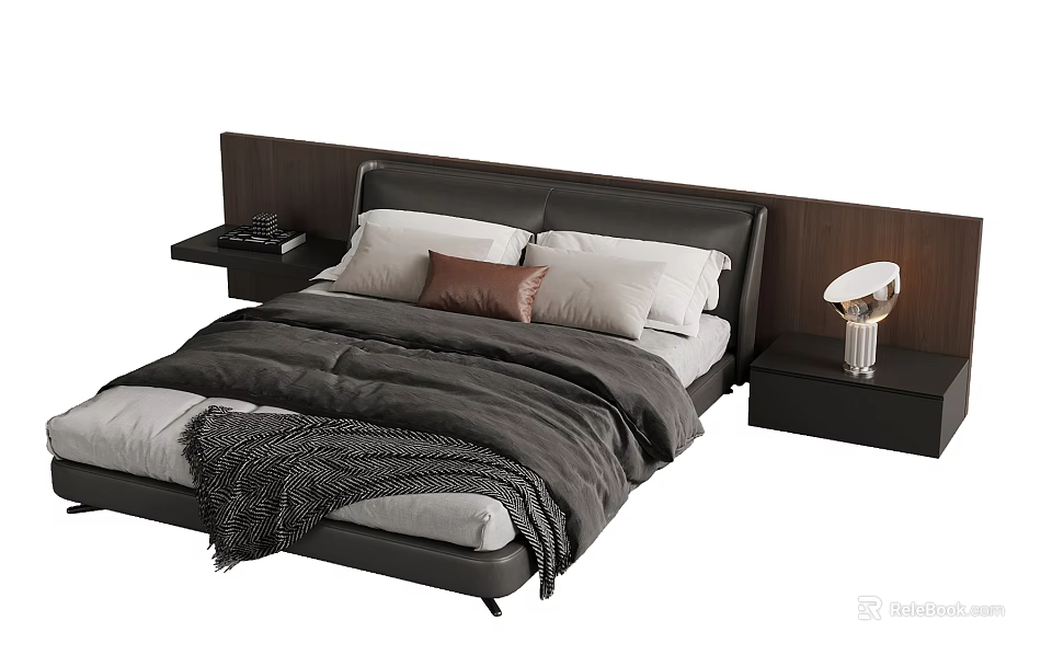 Modern Bedroom With Leather Headboard Pillows Bedspread And Nightstand Lamp 3d model 