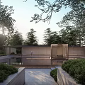 Modern Garden Landscape With Reflecting Pool Fire Pit Lush Greenery And Trees