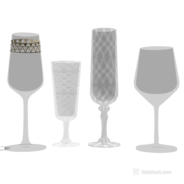 Elegant Wine Glasses With Various Designs Decorative Rings And Textured Details 3d model 