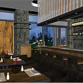 Rustic Restaurant Interior With Wooden Tables Bar Counter And Wine Racks