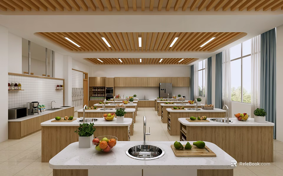 Modern Cooking Classroom with Wooden Ceiling Bright Windows and Fresh Produce on Countertops 3d model 