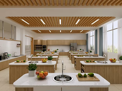 Modern Cooking Classroom with Wooden Ceiling Bright Windows and Fresh Produce on Countertops 3d model