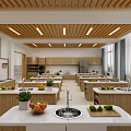 Modern Cooking Classroom with Wooden Ceiling Bright Windows and Fresh Produce on Countertops