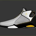 White High Top Basketball Sneakers With Brown Laces Mesh Design Black Sole Yellow Accents
