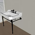 White Washbasin with Double Faucets on Metal Stand by Window and Wooden Floor in Bathroom