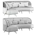 Modern L Shaped Sectional Sofa With Rattan Frame Light Gray Fabric And Striped Cushions
