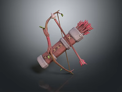 Medieval Bow And Quiver Weapon With Red Arrows Crossed Straps And Twisted Vine Design 3d model