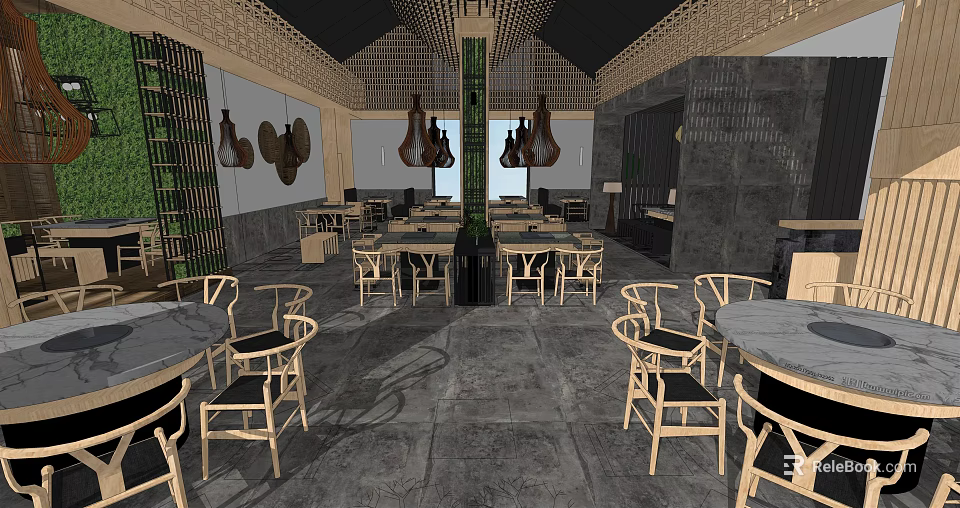 Hotpot Restaurant Interior With Wooden Tables Chairs Hanging Lamps And Chinese Style Decor 3d model 