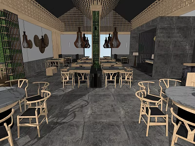Hotpot Restaurant Interior With Wooden Tables Chairs Hanging Lamps And Chinese Style Decor 3d model