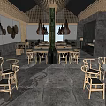 Hotpot Restaurant Interior With Wooden Tables Chairs Hanging Lamps And Chinese Style Decor