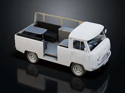 Vintage White Bus Interior With Comfortable Seats And Open Door Design 3d model