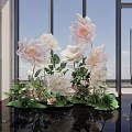 Elegant Floral Arrangement in Vase with White Pink Flowers Green Leaves Near Large Windows