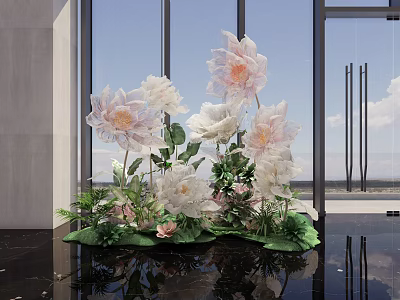 Elegant Floral Arrangement in Vase with White Pink Flowers Green Leaves Near Large Windows 3d model