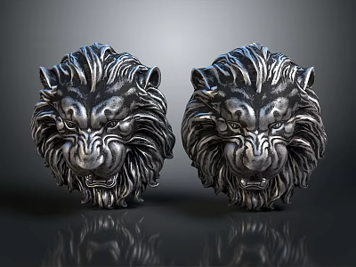 Two Realistic Silver Lion Head Sculptures with Detailed Mane on Dark Background with Reflection 3d model