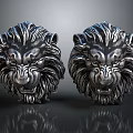 Two Realistic Silver Lion Head Sculptures with Detailed Mane on Dark Background with Reflection