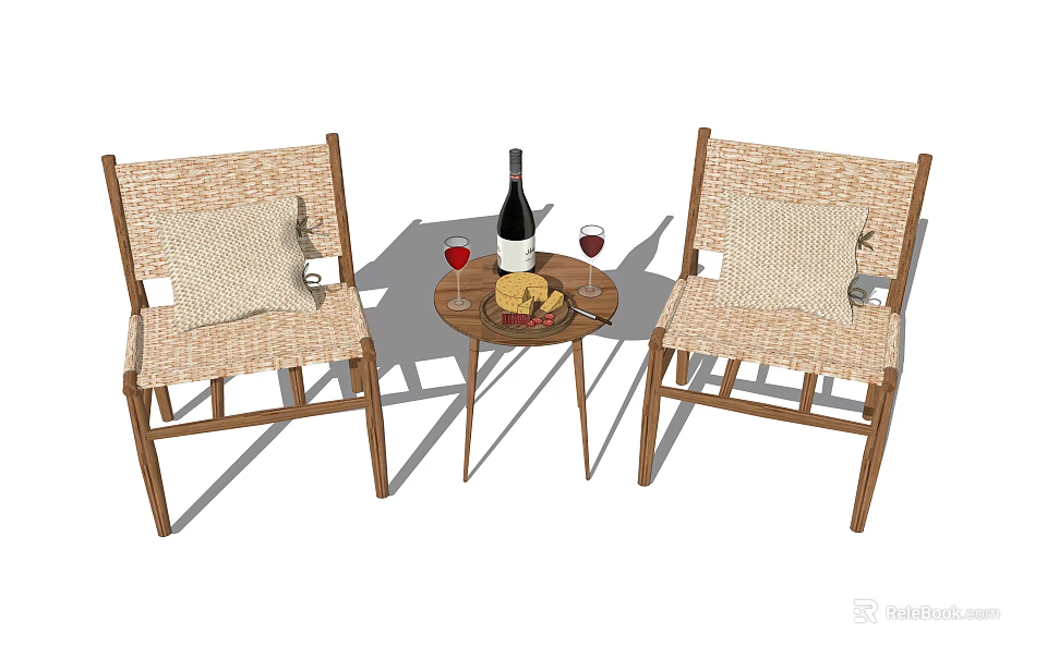 Wicker and Wooden Table and Chair Set With Wine Bottle Glasses And Fruit Plate 3d model 