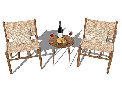 Wicker and Wooden Table and Chair Set With Wine Bottle Glasses And Fruit Plate 3d model