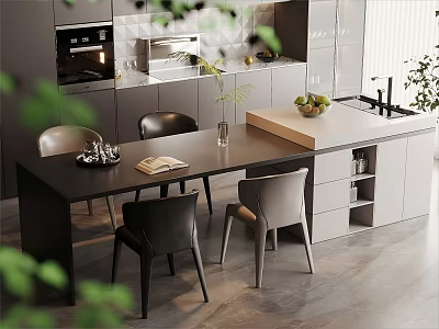 Modern Kitchen Interior With Central Island Counter Dining Table Chairs Cabinets And Plants 3d model