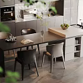 Modern Kitchen Interior With Central Island Counter Dining Table Chairs Cabinets And Plants