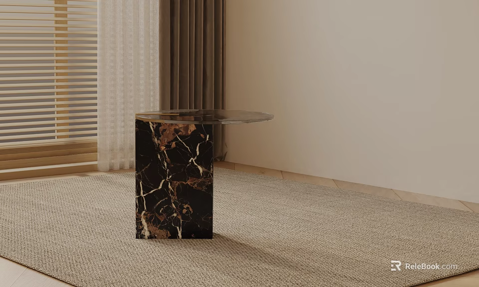 Modern Living Room Glass Top Side Table with Black Marble Base and Textured Design 3d model 