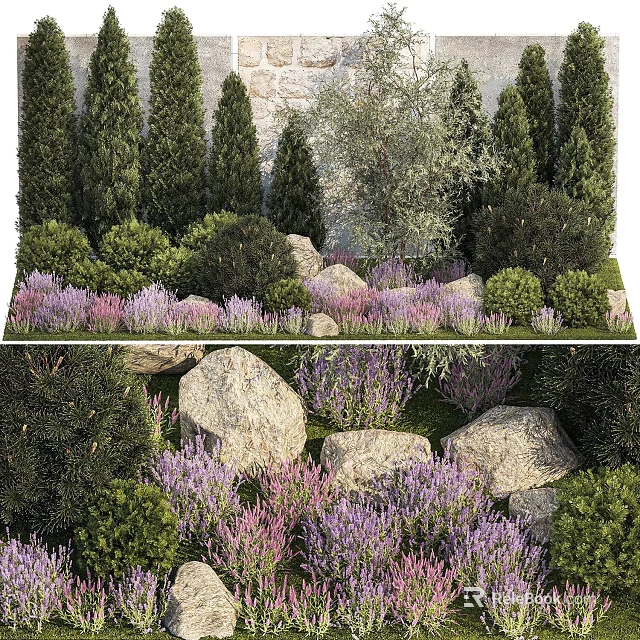 Lush Arbor Garden Design With Green Shrubs Purple Flowers And Rocks 3d model 