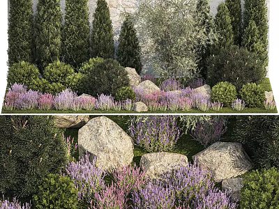 Lush Arbor Garden Design With Green Shrubs Purple Flowers And Rocks 3d model