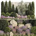 Lush Arbor Garden Design With Green Shrubs Purple Flowers And Rocks