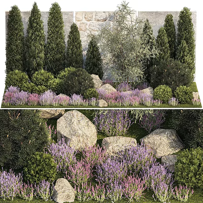 Lush Arbor Garden Design With Green Shrubs Purple Flowers And Rocks 3d model