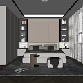 Modern Bedroom Interior With Herringbone Wooden Floor Area Rug And White Curtains