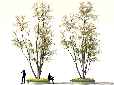 Tall Leafy Arbor Trees With Two People Standing And Sitting By Flower Beds 3d model