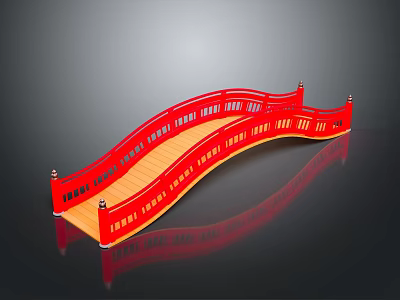 Red Arch Bridge With Traditional Design Wooden Deck And Ornate Railings 3d model