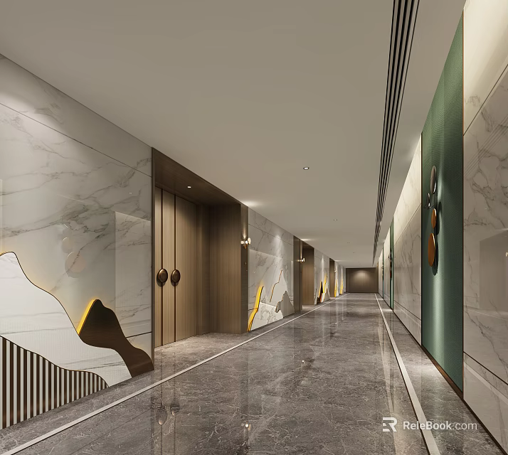 Modern Hotel Corridor with Marble Walls Green Accent and Yellow Lighting Strips 3d model