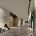 Modern Hotel Corridor with Marble Walls Green Accent and Yellow Lighting Strips 3d model